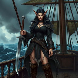 A high elf pirate female with long, dark hair and fair skin, adorned with distinctive lip scars