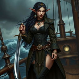 A high elf pirate female with long, dark hair and fair skin, adorned with distinctive lip scars