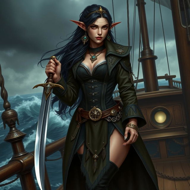 A high elf pirate female with long, dark hair and fair skin, adorned with distinctive lip scars