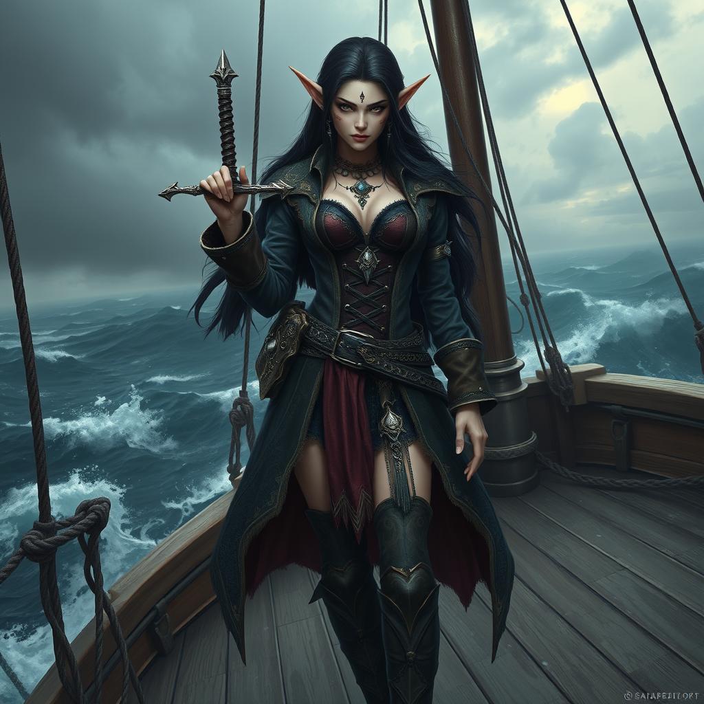 A high elf pirate female with long, dark hair and fair skin, adorned with distinctive lip scars