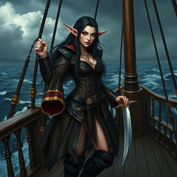 A high elf pirate female with long, dark hair and fair skin, adorned with distinctive lip scars