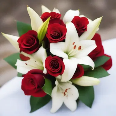 The bride's bouquet was a beautiful aggregative arrangement of red roses and white lilies.