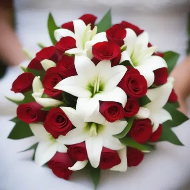 The bride's bouquet was a beautiful aggregative arrangement of red roses and white lilies.