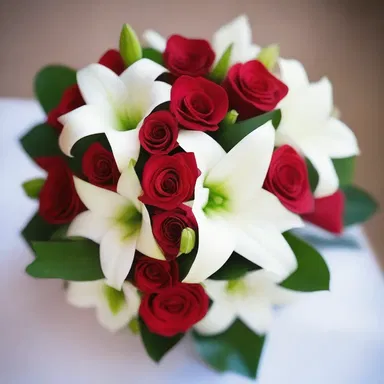 The bride's bouquet was a beautiful aggregative arrangement of red roses and white lilies.