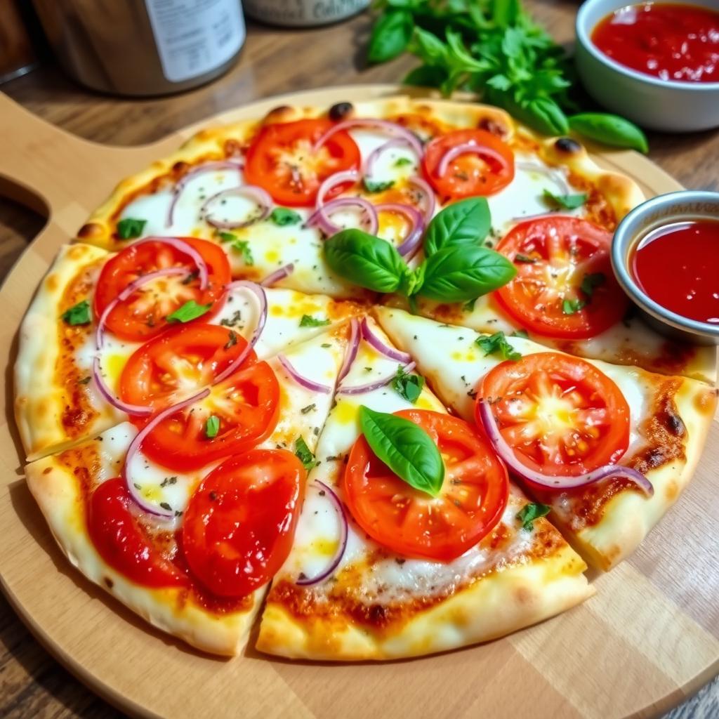 A delicious onion and tomato pizza, featuring a perfectly baked thin crust that is crispy and golden brown