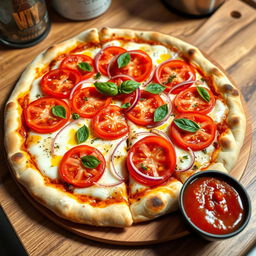 A delicious onion and tomato pizza, featuring a perfectly baked thin crust that is crispy and golden brown
