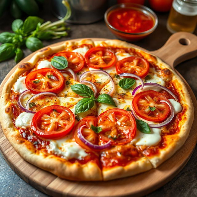 A delicious onion and tomato pizza, featuring a perfectly baked thin crust that is crispy and golden brown