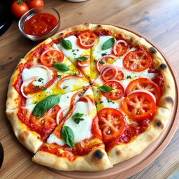 A delicious onion and tomato pizza, featuring a perfectly baked thin crust that is crispy and golden brown