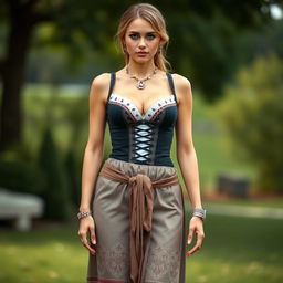 A full-body portrait of a 25-year-old German movie star featuring a thin, fit body and large perky breasts
