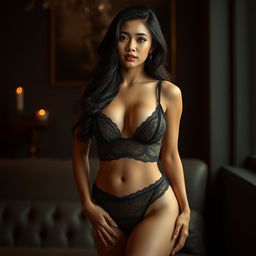 A stunning 28-year-old Indonesian woman stands elegantly, showcasing her sexy body with voluptuous, plump breasts and soft curves