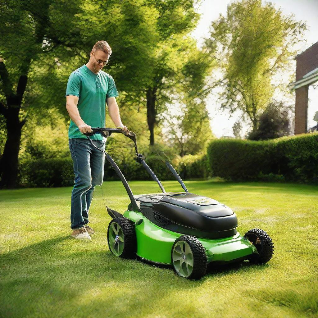 A man engaged in the peaceful activity of mowing a lush green lawn, pushing a modern lawnmower on a sunny day, sweat glistening on his forehead.