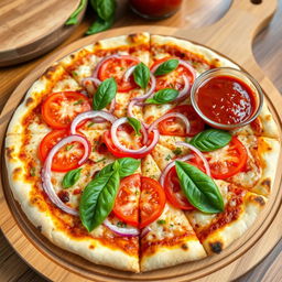 A delicious onion and tomato pizza, featuring a perfectly baked thin crust that is crispy and golden brown
