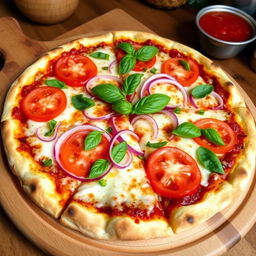 A delicious onion and tomato pizza, featuring a perfectly baked thin crust that is crispy and golden brown