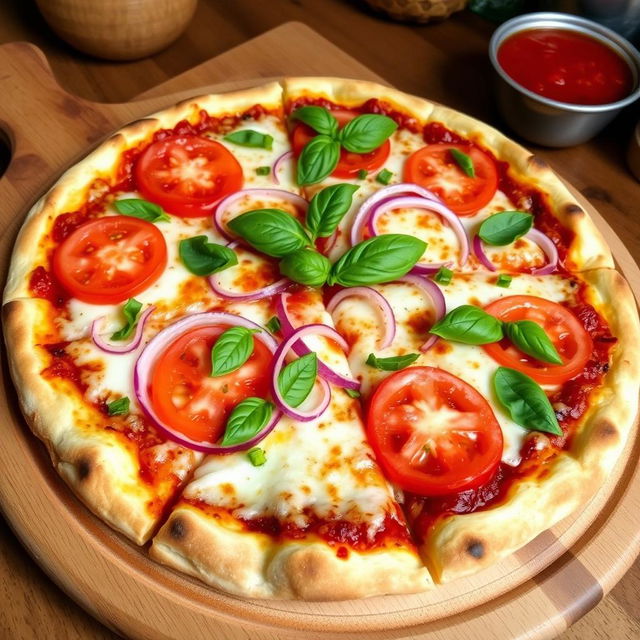 A delicious onion and tomato pizza, featuring a perfectly baked thin crust that is crispy and golden brown