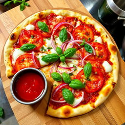A delicious onion and tomato pizza, featuring a perfectly baked thin crust that is crispy and golden brown