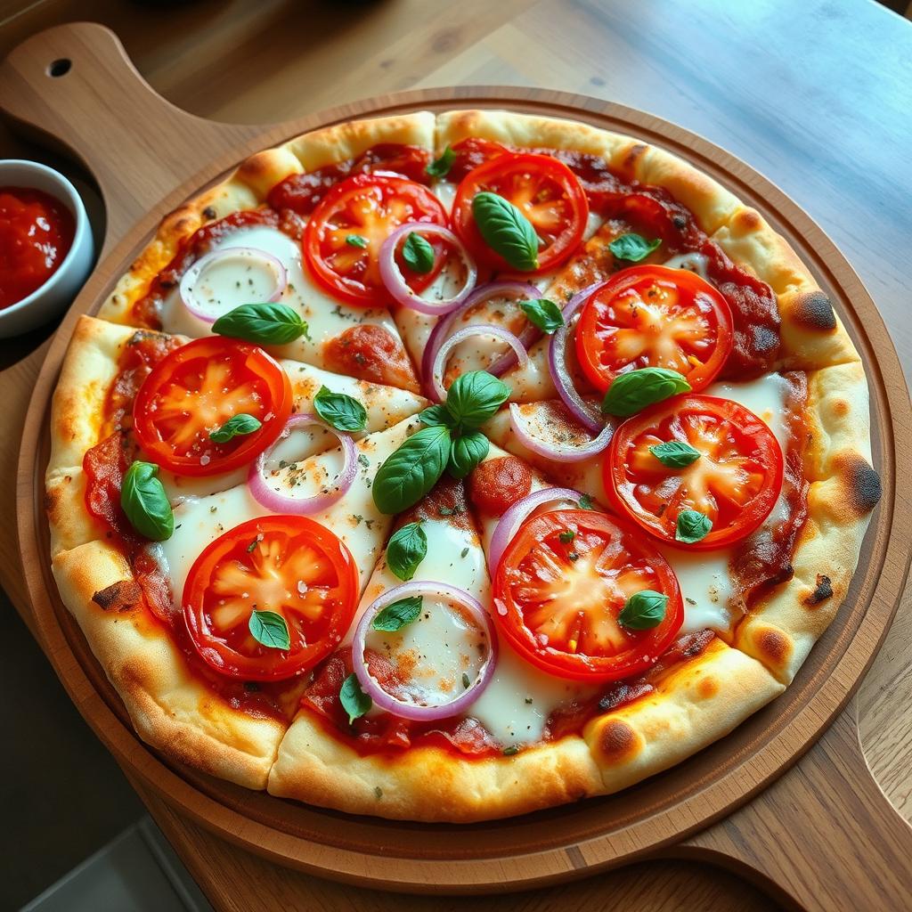 A delicious onion and tomato pizza, featuring a perfectly baked thin crust that is crispy and golden brown
