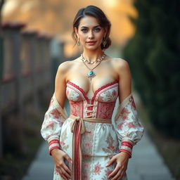A full-body portrait of a 25-year-old German movie star featuring a thin, fit body and large perky breasts