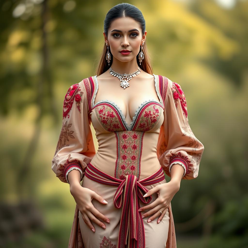 A full-body portrait of a 25-year-old German movie star featuring a thin, fit body and large perky breasts