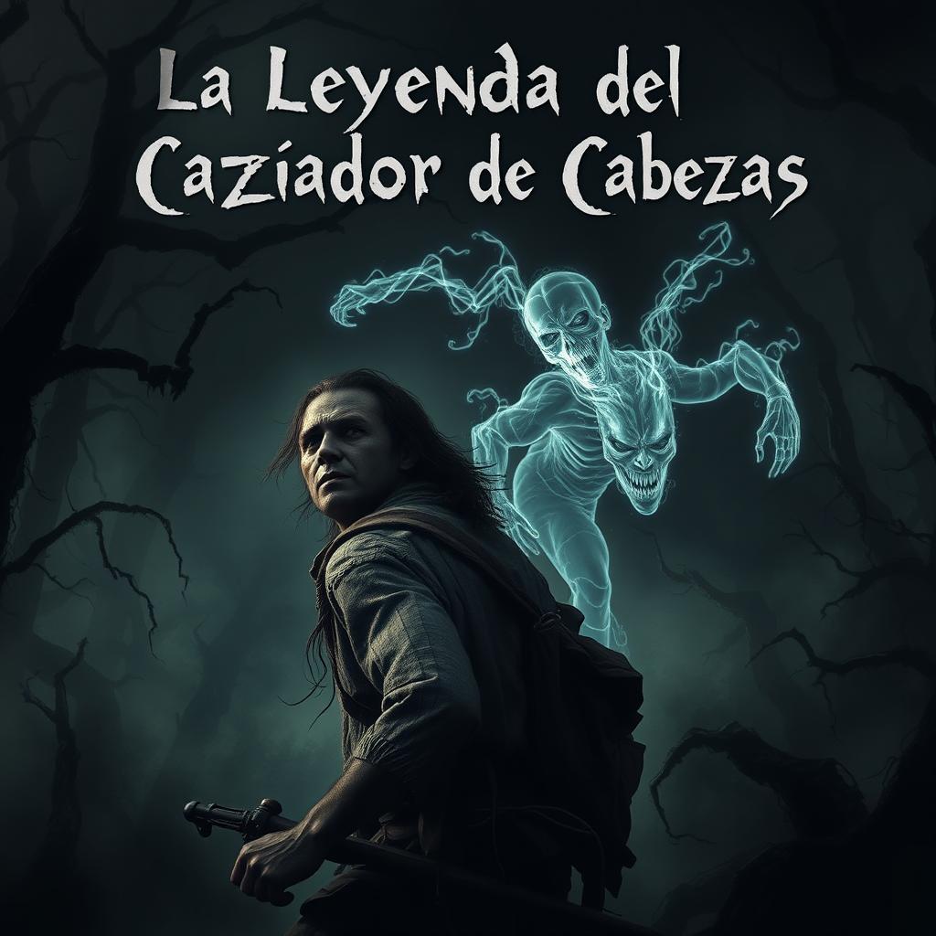 A haunting and intense scene depicting a headhunter being pursued by the vengeful spirit of one of his victims