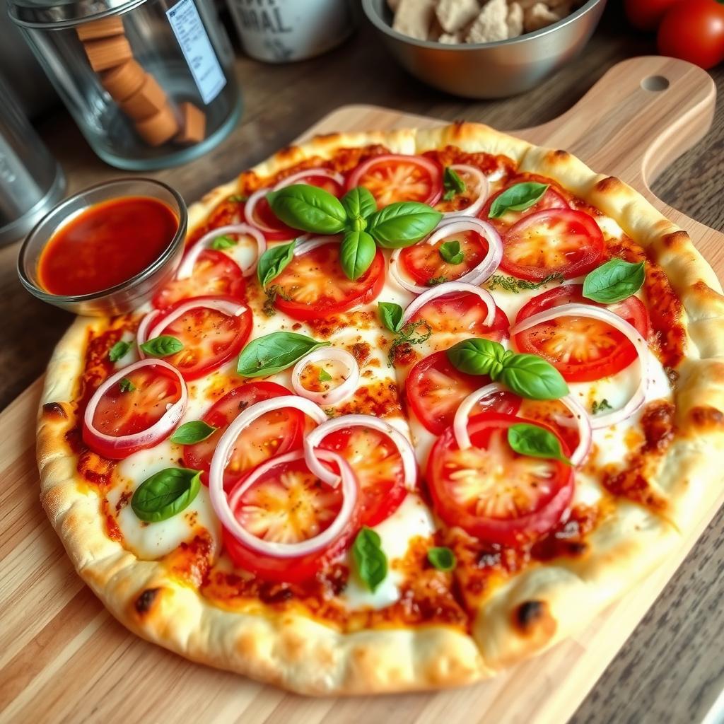 A delectable onion and tomato pizza, featuring a perfectly baked thin crust that is crispy and golden brown