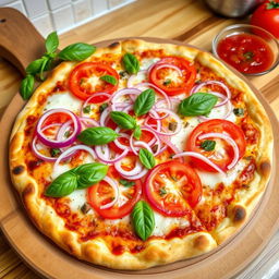 A delectable onion and tomato pizza, featuring a perfectly baked thin crust that is crispy and golden brown