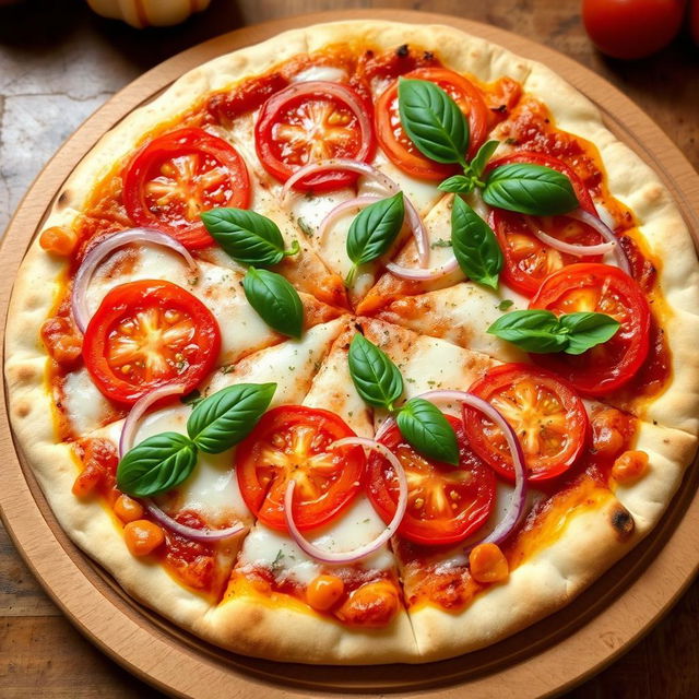 A delectable onion and tomato pizza, featuring a perfectly baked thin crust that is crispy and golden brown