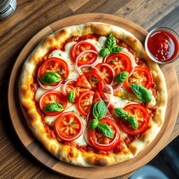 A delectable onion and tomato pizza, featuring a perfectly baked thin crust that is crispy and golden brown