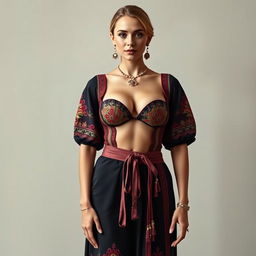 A full-body portrait of a 25-year-old German movie star featuring a thin, fit body with large perky breasts