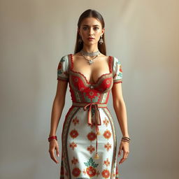 A full-body portrait of a 25-year-old German movie star featuring a thin, fit body with large perky breasts