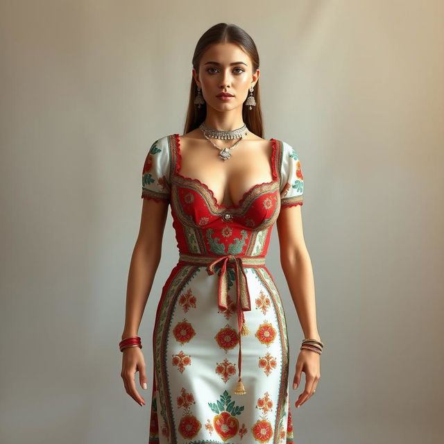 A full-body portrait of a 25-year-old German movie star featuring a thin, fit body with large perky breasts
