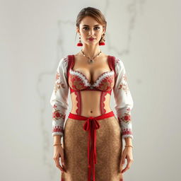 A full-body portrait of a 25-year-old German movie star featuring a thin, fit body with large perky breasts