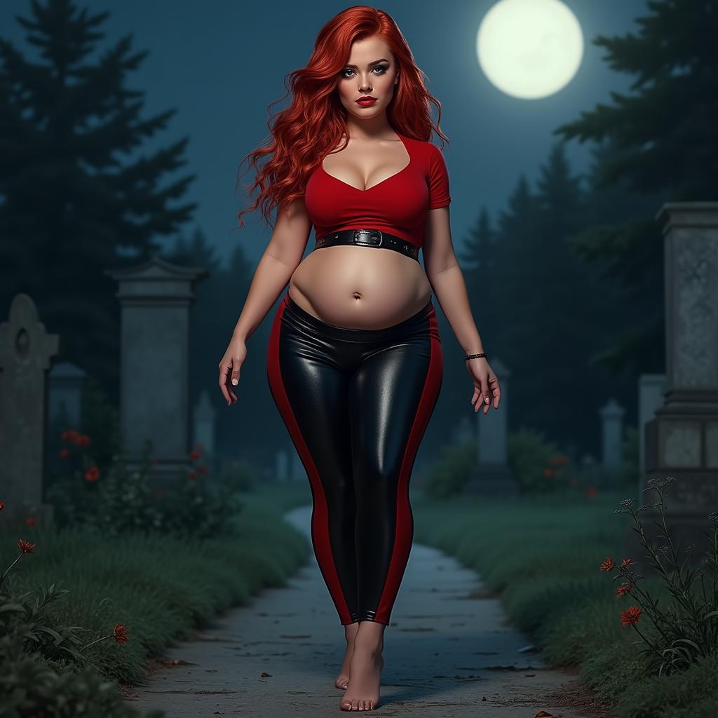 A sexy, beautiful, and innocent young woman with an hourglass figure featuring medium breasts and pronounced wide hips accentuated by a wide black belt around her skin-tight black and red bold striped low-waisted PVC pants