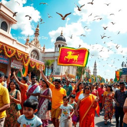 A vibrant celebration of Sri Lanka's Independence Day, featuring a diverse and colorful street parade in the heart of Colombo