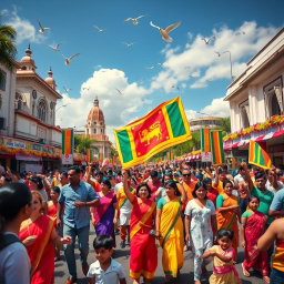 A vibrant celebration of Sri Lanka's Independence Day, featuring a diverse and colorful street parade in the heart of Colombo