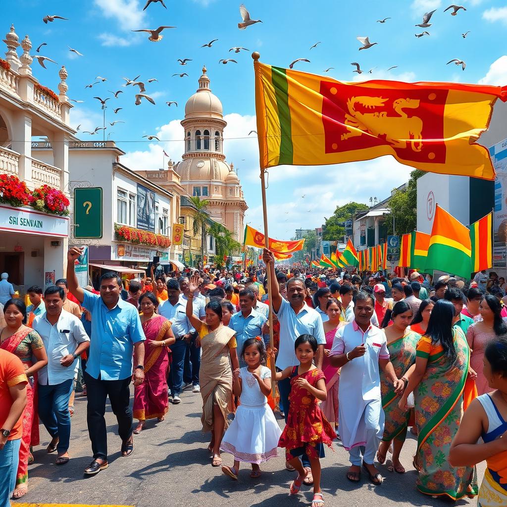 A vibrant celebration of Sri Lanka's Independence Day, featuring a diverse and colorful street parade in the heart of Colombo