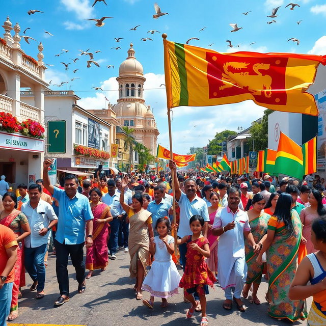A vibrant celebration of Sri Lanka's Independence Day, featuring a diverse and colorful street parade in the heart of Colombo