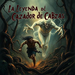 An intense and chilling scene illustrating a headhunter being pursued by the vengeful spirit of one of his victims