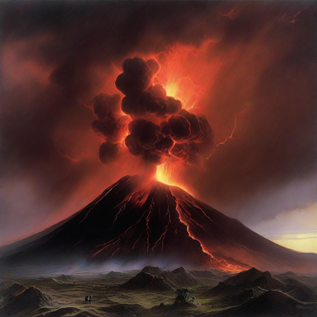 The colossal volcano, no longer dormant, with lava spewing forth amidst an explosive eruption. In the background, a tempestuous sky crackled with intense lightning.