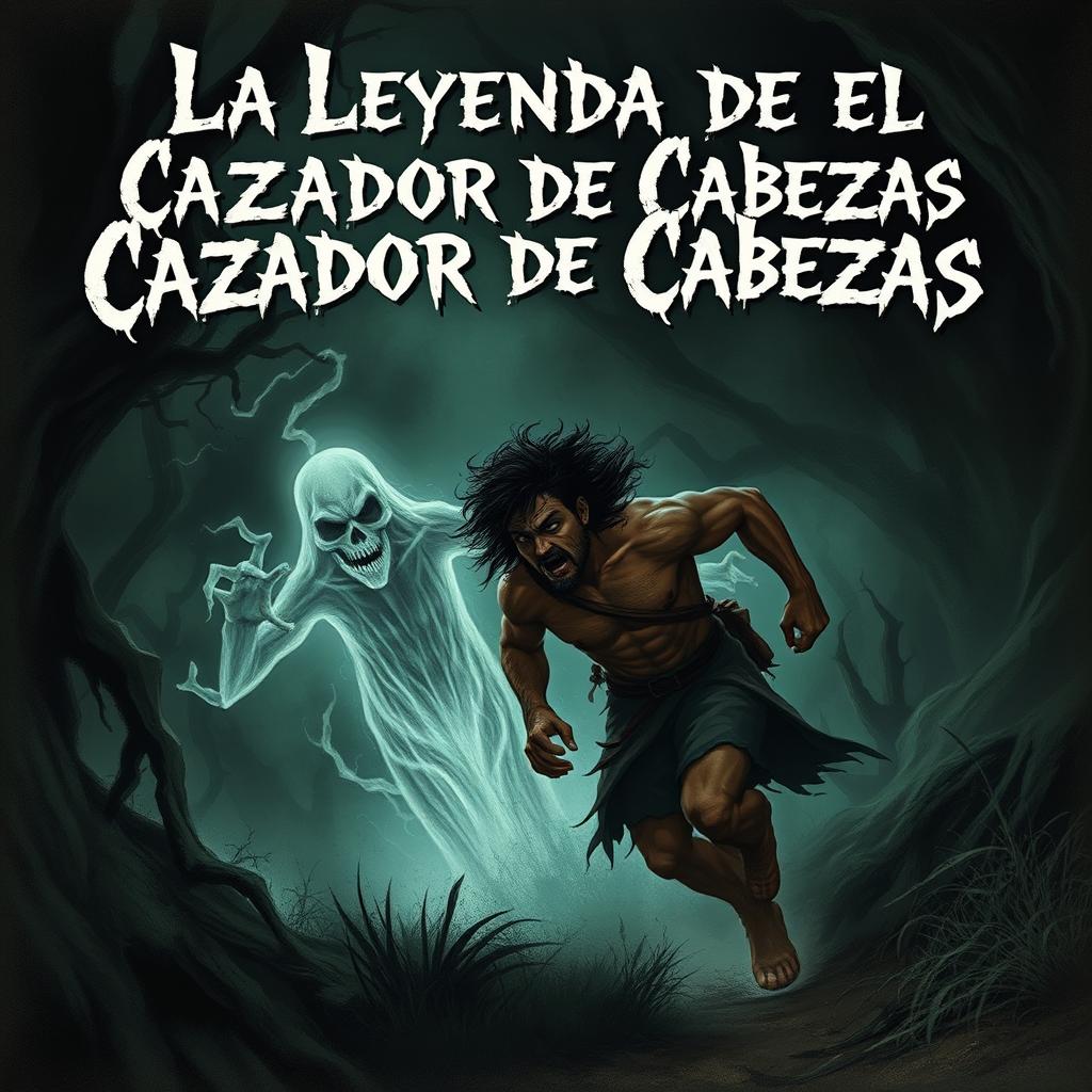 An intense and chilling scene illustrating a headhunter being pursued by the vengeful spirit of one of his victims