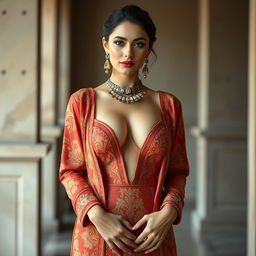 A full-body portrait of a 25-year-old French glamour model featuring a thin, fit body with large perky breasts