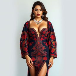 A full-body portrait of a 25-year-old French glamour model featuring a thin, fit body with large perky breasts