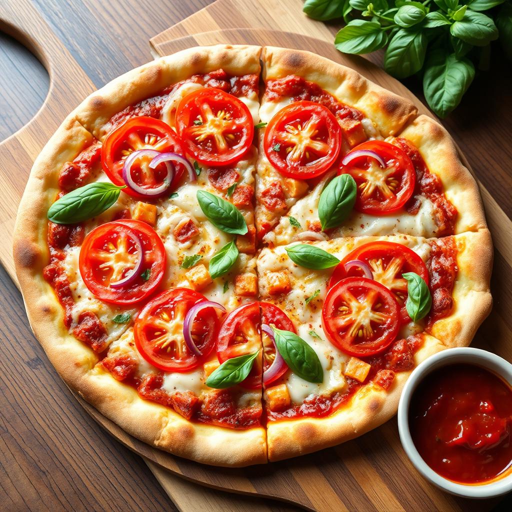 A mouthwatering onion and tomato pizza, showcasing a perfectly baked thin crust that is crispy and golden brown