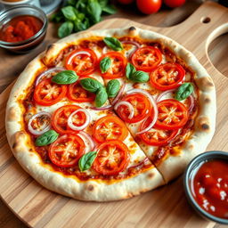 A mouthwatering onion and tomato pizza, showcasing a perfectly baked thin crust that is crispy and golden brown