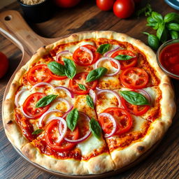 A mouthwatering onion and tomato pizza, showcasing a perfectly baked thin crust that is crispy and golden brown