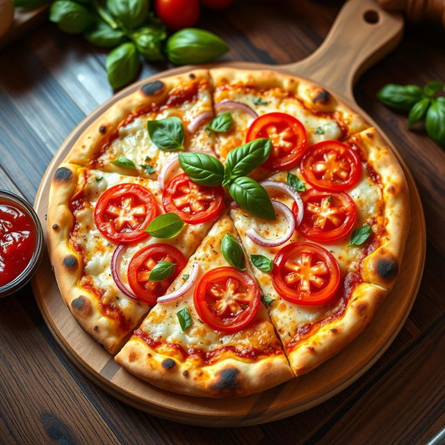 A mouthwatering onion and tomato pizza, showcasing a perfectly baked thin crust that is crispy and golden brown