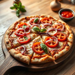 A realistic and appetizing onion and tomato pizza, showcasing an authentically baked thin crust that is perfectly crispy and golden brown