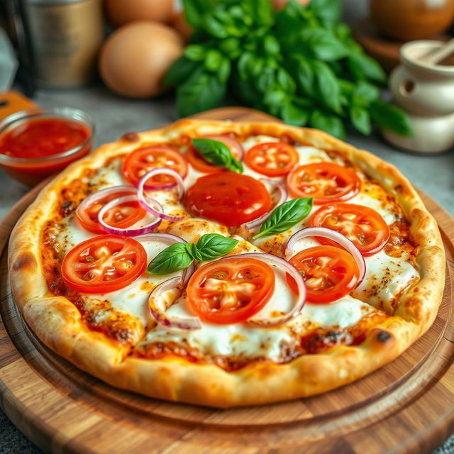 A realistic and appetizing onion and tomato pizza, showcasing an authentically baked thin crust that is perfectly crispy and golden brown