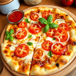 A realistic and appetizing onion and tomato pizza, showcasing an authentically baked thin crust that is perfectly crispy and golden brown