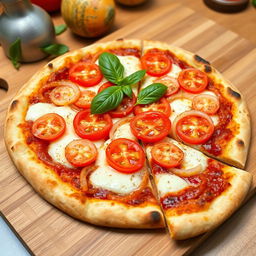 A realistic and appetizing onion and tomato pizza, showcasing an authentically baked thin crust that is perfectly crispy and golden brown