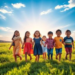 Seven children, 3 girls and 4 boys, of Arab, English, and Asian descent, joyfully walking hand in hand through a picturesque setting